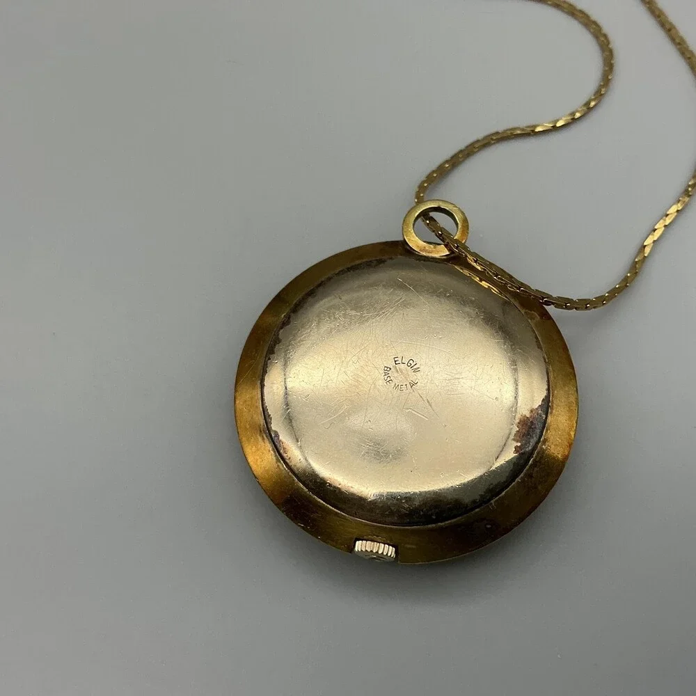 Vintage Elgin Pendant Pocket Watch Necklace Women 34mm Gold Tone New Battery